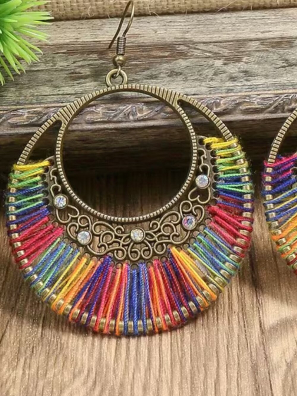 ANTIQUE GOLD DANGLE EARRINGS WITH COLOR STRINGS AND FAUX DIAMONDS